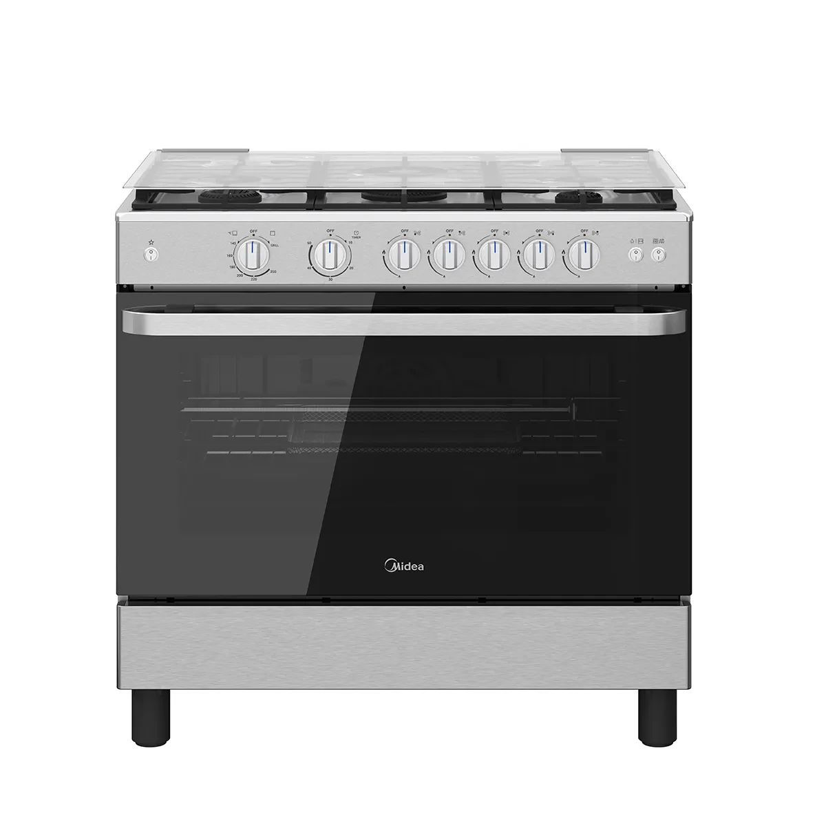 Midea  Gas Cooker 90*60   Cm Cooker , Stainless Mirror , Full safety , Vortex Burners , Infra Red Grill , Low Emission Glass
