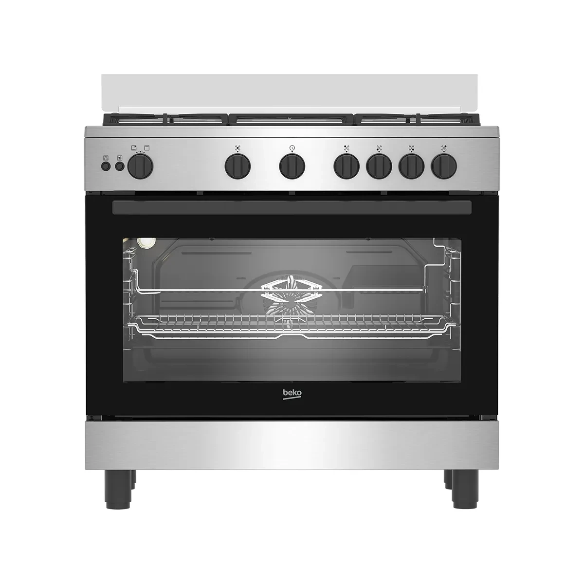 Beko Gas Cooker  - 90 cm - 5 Burners Full Safety cooling fan + cooking fan+ cast pan support - STS