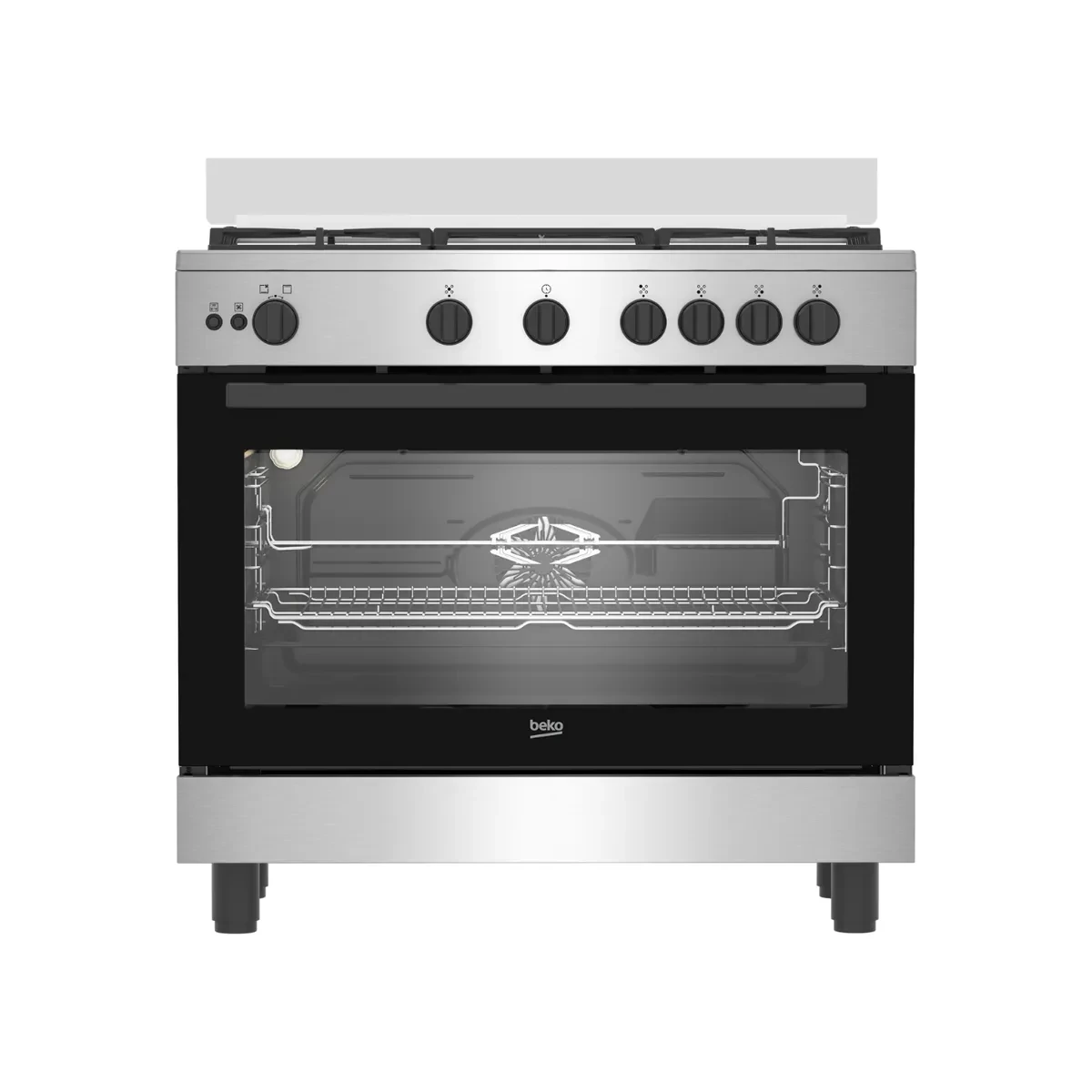 Beko Gas Cooker  - 90 cm - 5 Burners Full Safety cooling fan + cooking fan+ cast pan support - mechanical timer & push button ignition - STS